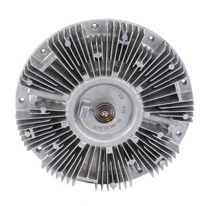 An overhead view of a circular mechanical component with radial fins, likely an AGCO Fan Drive, Viscous Coupling - G718202040100 for an automotive engine. The item has a central spindle and various grooves and ridges, designed to ensure higher availability of power and lower fuel consumption.