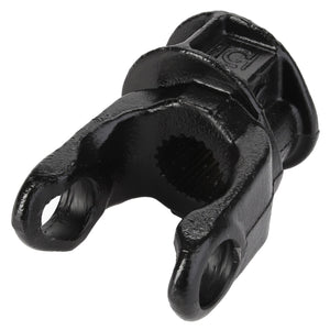 Close-up view of the AGCO YOKE - D46150367, a black metal yoke with two prongs and a central circular opening, used in mechanical or automotive applications. Please note that no current product description information is available for this item.