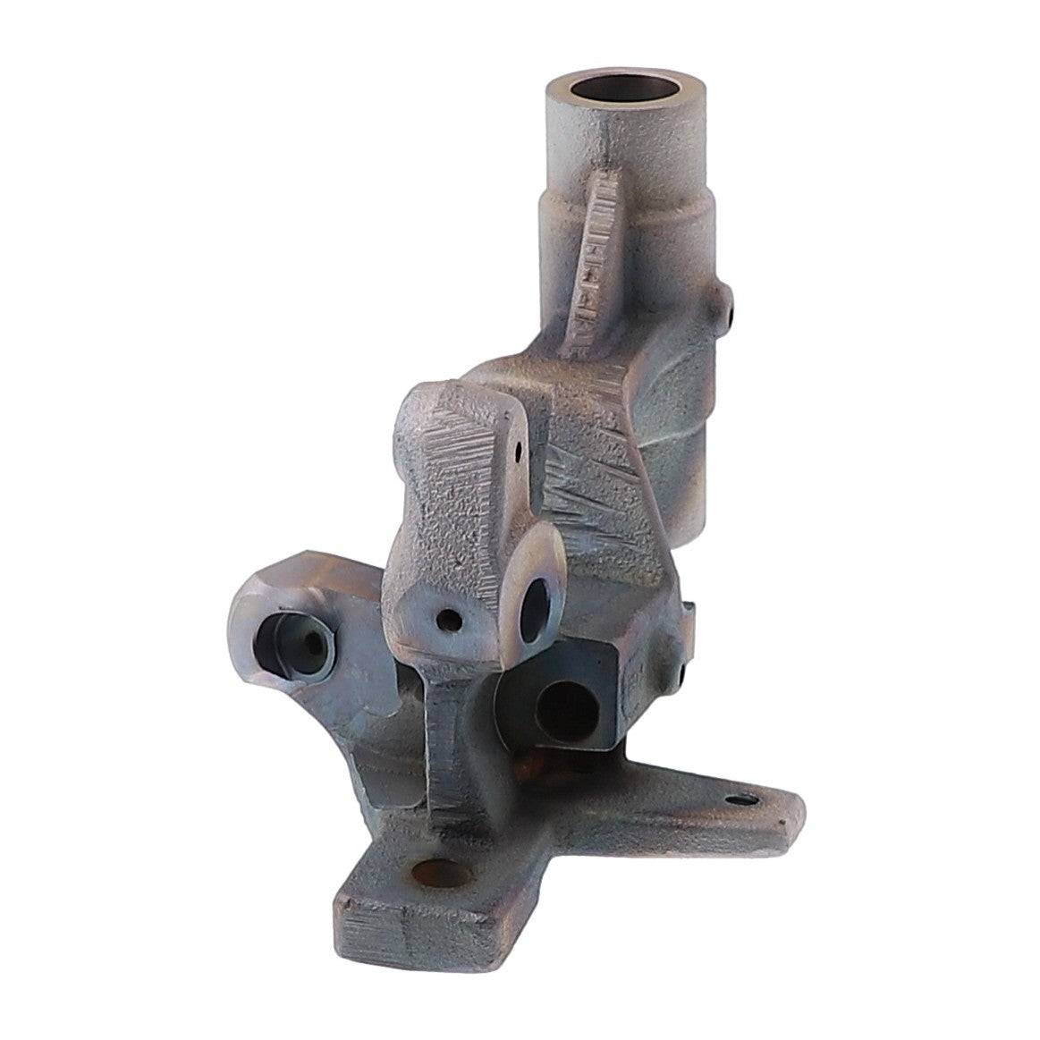 The AGCO | Knotter Head Frame - Acw3795860 is a metal component with multiple openings, protrusions, and a cylindrical section, designed for use in machinery or automotive applications, and is pictured isolated on a white background.