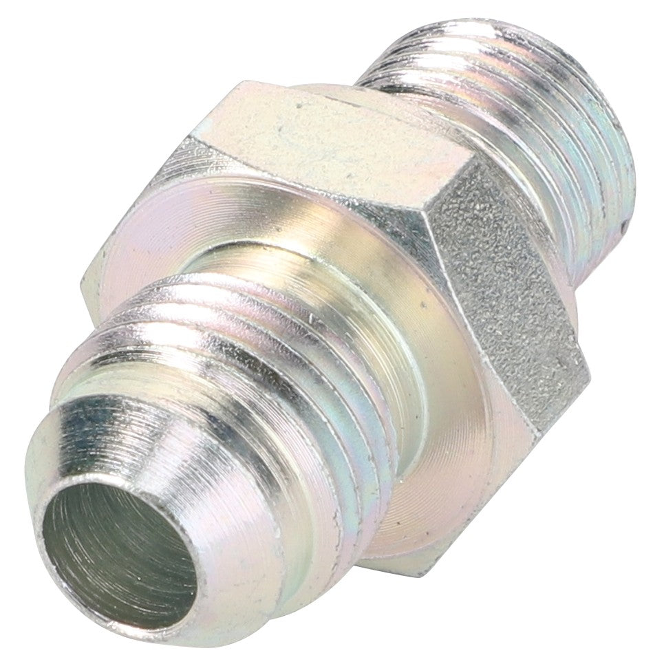 The AGCO Adapter (Product Code: AL5027485) is a silver metal hexagonal fitting with threaded ends designed for connecting pipes or tubes.