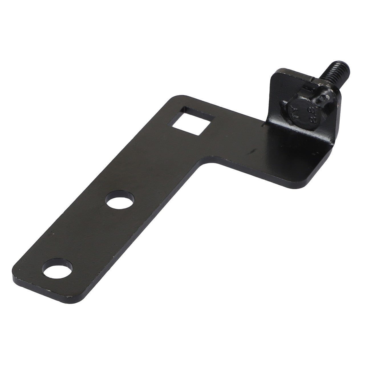 The AGCO Support - Acw1336320 is a black metal bracket featuring three circular holes, one rectangular hole, and an attached screw and bolt.