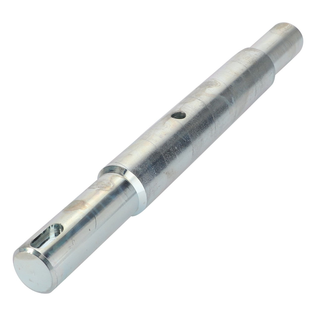 The AGCO Shaft, Return Elevator - D28580227 is a metal cylindrical shaft with polished surfaces, featuring multiple holes and varying thickness along its length to ensure peak efficiency.