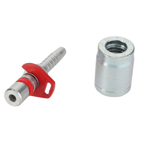 A metal coupling connector with a red lever next to a cylindrical metal fitting, designed for front loaders using AGCO original parts, specifically the AGCO KIT, HOSE FITTING - AL4500379.