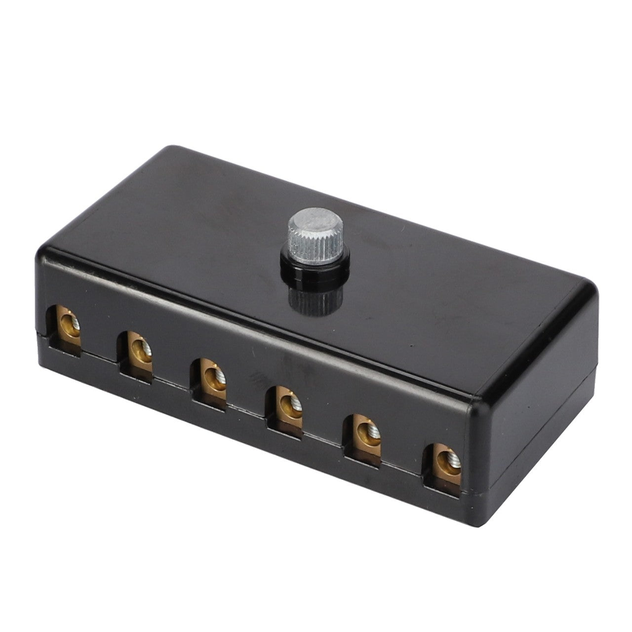 No current product description available for the AGCO Fuse-Box - F231901040010, a rectangular black electrical connector block featuring six brass terminals and one central adjustment screw on the top.