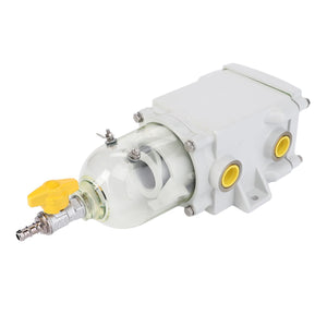 Product Description: The AGCO Fuel Prefilter - F002200060080 is a white and yellow plastic inline fuel filter featuring a transparent chamber and attached metal fittings. Manufactured by AGCO, this prefilter ensures efficient fuel filtration for optimal engine performance.