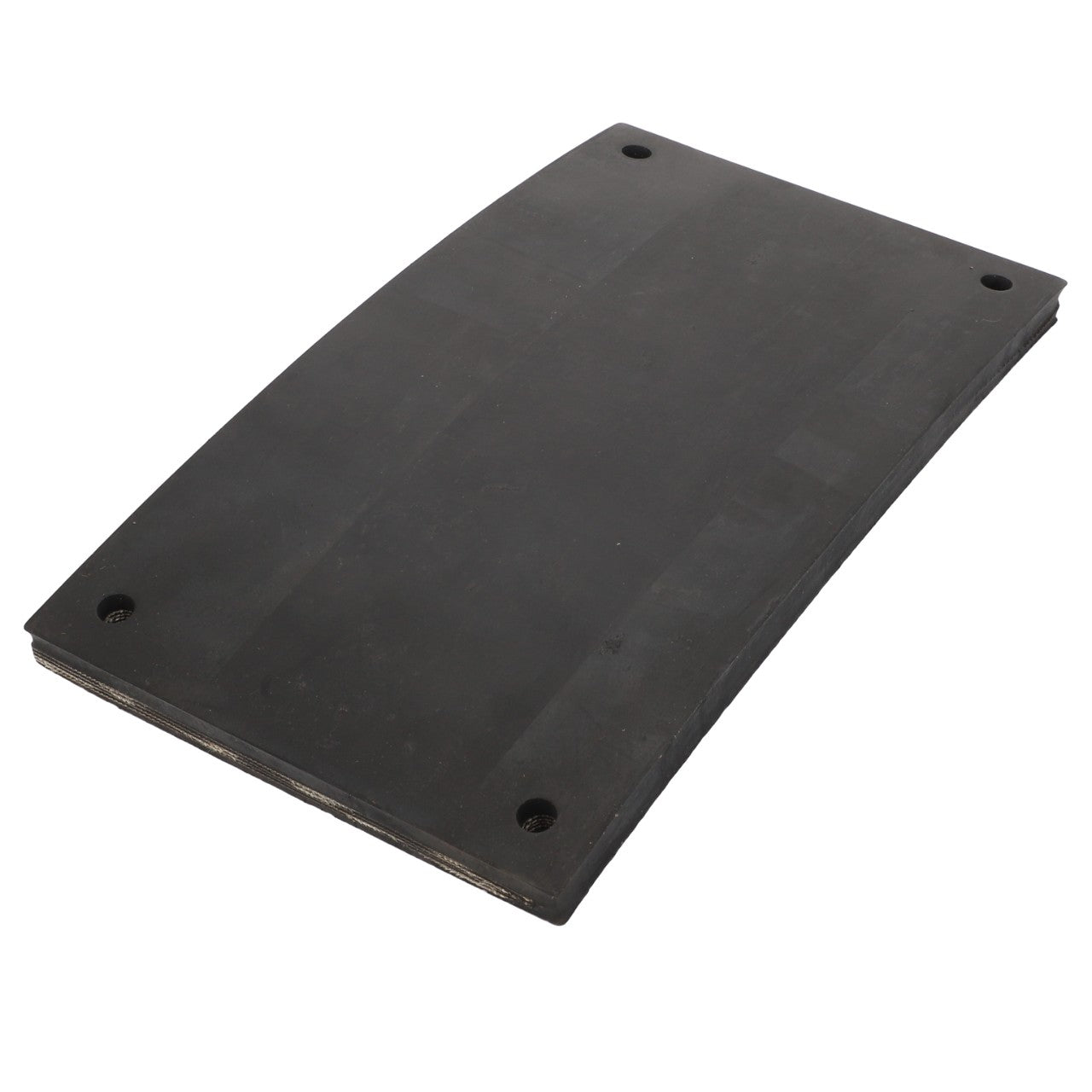 The AGCO Rubber Plate - D28982437 is a rectangular, flat, black rubber sheet featuring four small holes near the corners. Currently, there is no additional product description information available.