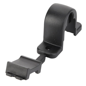 The AGCO | Clamp - 4282861M1 by AGCO is a sleek black plastic cable clamp featuring a mounting hole and a curved section, designed to securely hold a cable in place.