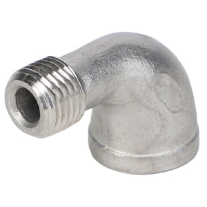 The AGCO STREET ELBOW - AG561256 is a metallic, 90-degree elbow pipe fitting featuring a male threaded end.