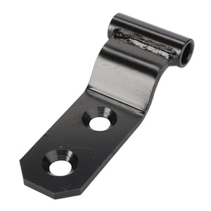 The AGCO | Hinge - Acw1678750 from AGCO is a black metal bracket that features two holes on the flat end and a circular loop on the raised end.