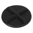 A round, black plastic object with a raised X-shaped design on top, reminiscent of the sturdy components found in AGCO Padding - 4389714M1 by AGCO.