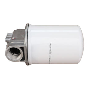 A cylindrical Hydraulic Filter Assembly - 8042574 by AGCO, featuring a white body with metallic connectors, displayed against a white background, designed to ensure cleaner transmission oil.