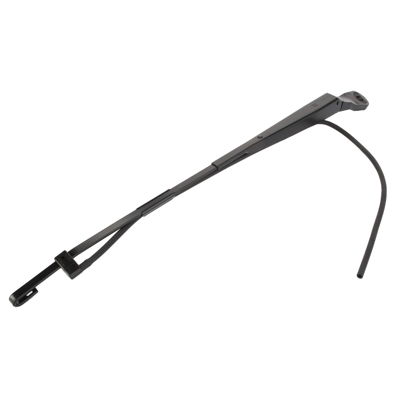 The AGCO Wiper Arm - Acw160152A is a black windshield wiper arm with an attached black blade and a mounting bracket on one end, isolated on a white background. No current product description information is available.