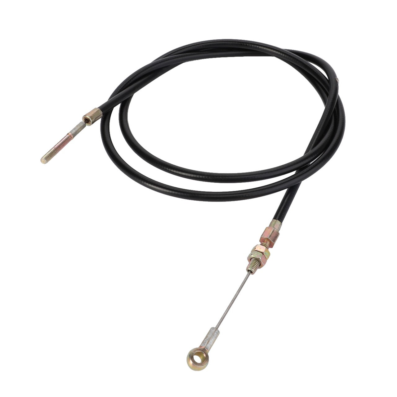 The AGCO | Cable, Hydraulic Pump - 1682976M91 is a black control cable with a metal connector on one end and an eyelet on the other, coiled in a circular shape, ideal for use in Massey Ferguson machinery.