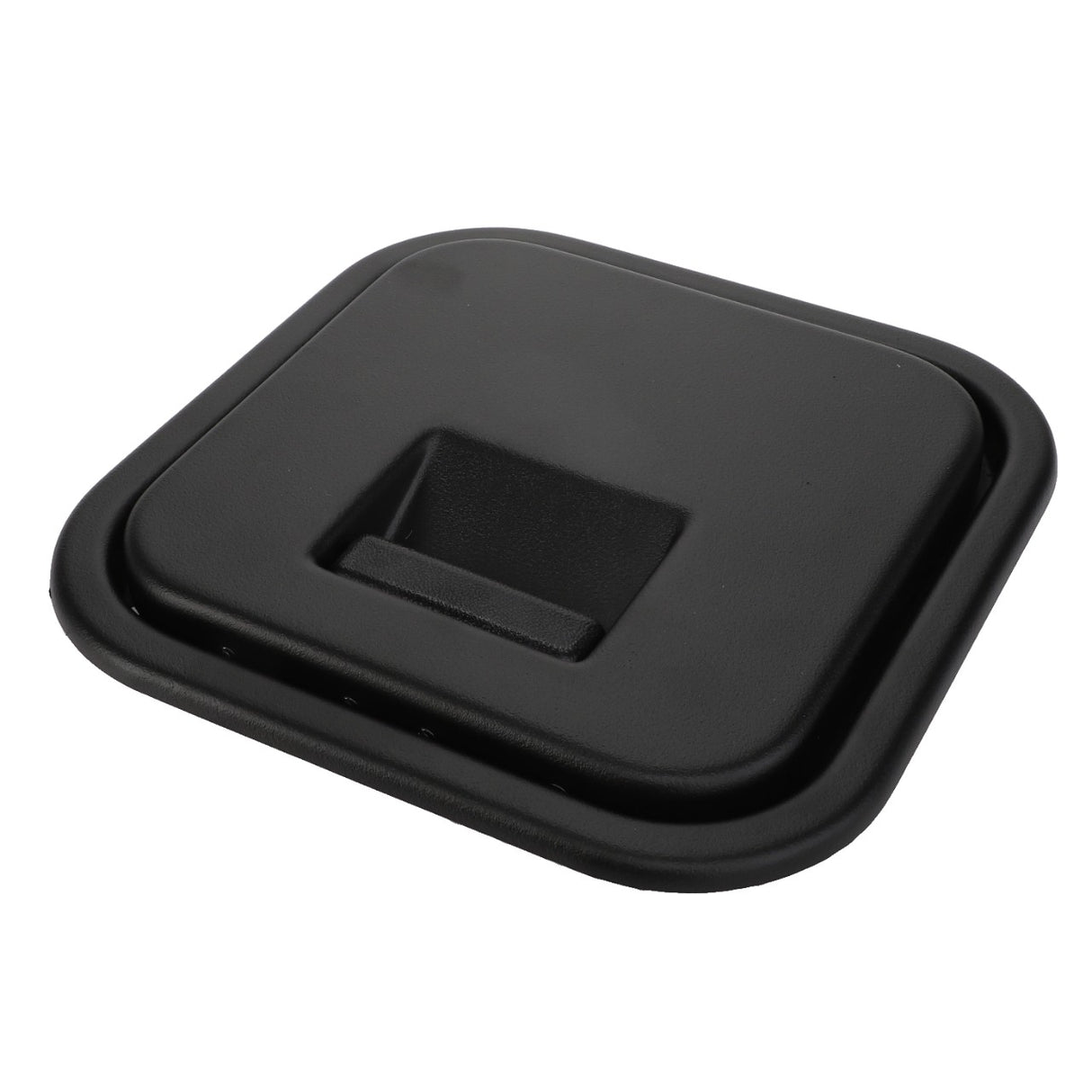 The AGCO Lid - La322041050 is a black, square-shaped plastic lid that features a recessed handle in the center.