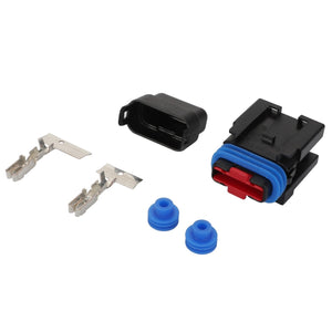 An AGCO Plug - 3013442X91, a black electrical connector with blue and red components, two metal terminals, and two blue rubber seals, compatible with Fendt Models, laid out separately on a white background.