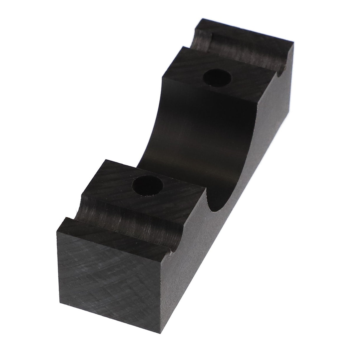 The AGCO Pillow Block - Acx009798A is a black metal bracket with two holes and grooved edges, designed for securing cylindrical objects. Further product description information is currently unavailable.