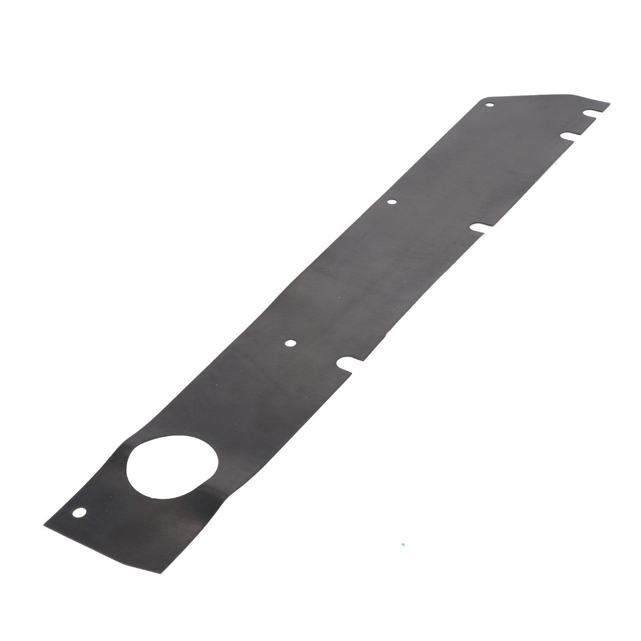 A long, flat metal strip with several holes and notches cut out, reminiscent of components found in the AGCO Floor Pad - 205810030700, lies on a white background.