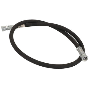 AGCO | Hydraulic Hose - Acp0015830: A black rubber hose with silver metal fittings at both ends, coiled into a loop on a white background.