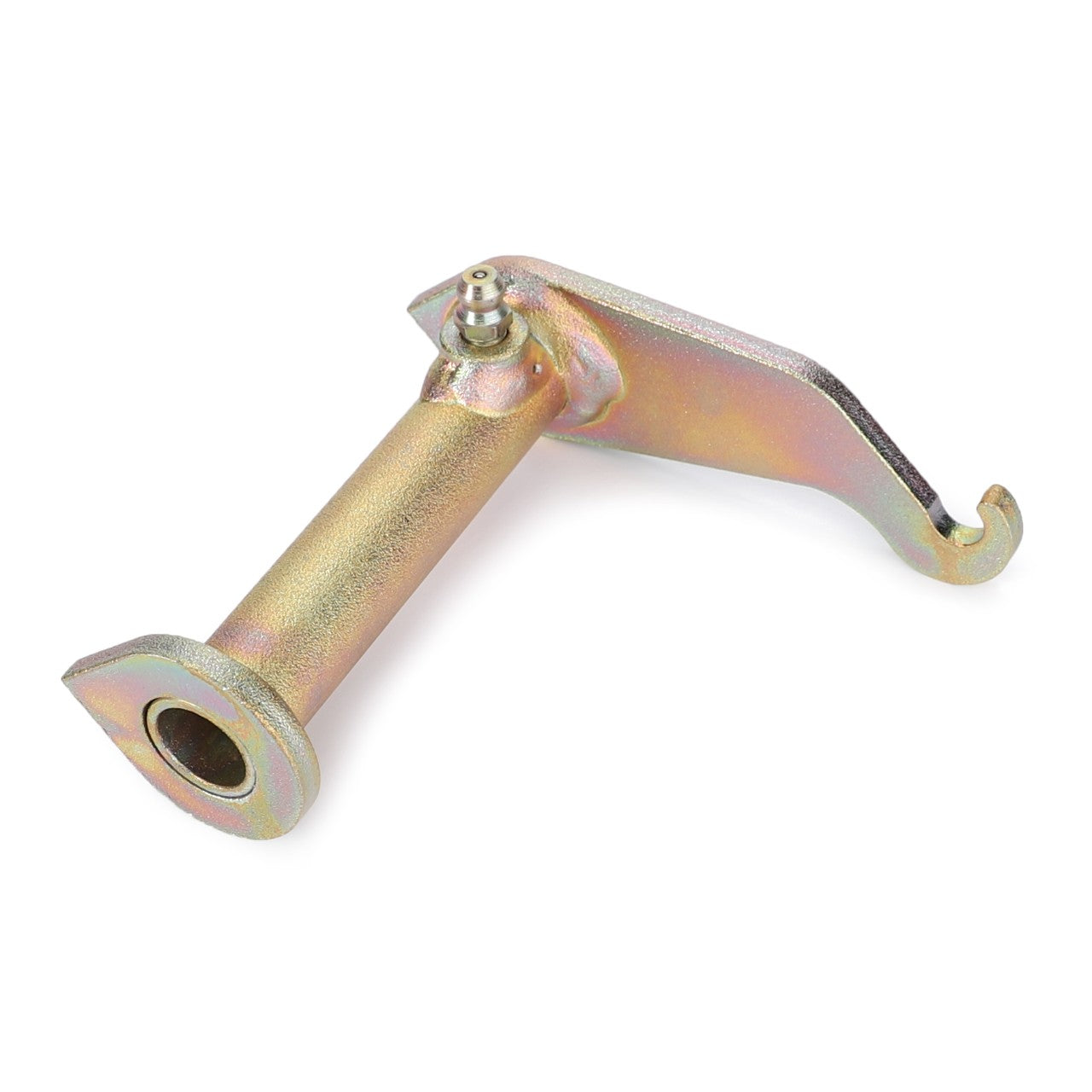 The AGCO | Hooke Bearing, Bottom Hitch - F743870500010 is a metal automotive component featuring a cylindrical base, mounting bracket, and a curved hook at the end. Specifically designed for Fendt Models and meticulously crafted, this part comes with a durable metallic finish.