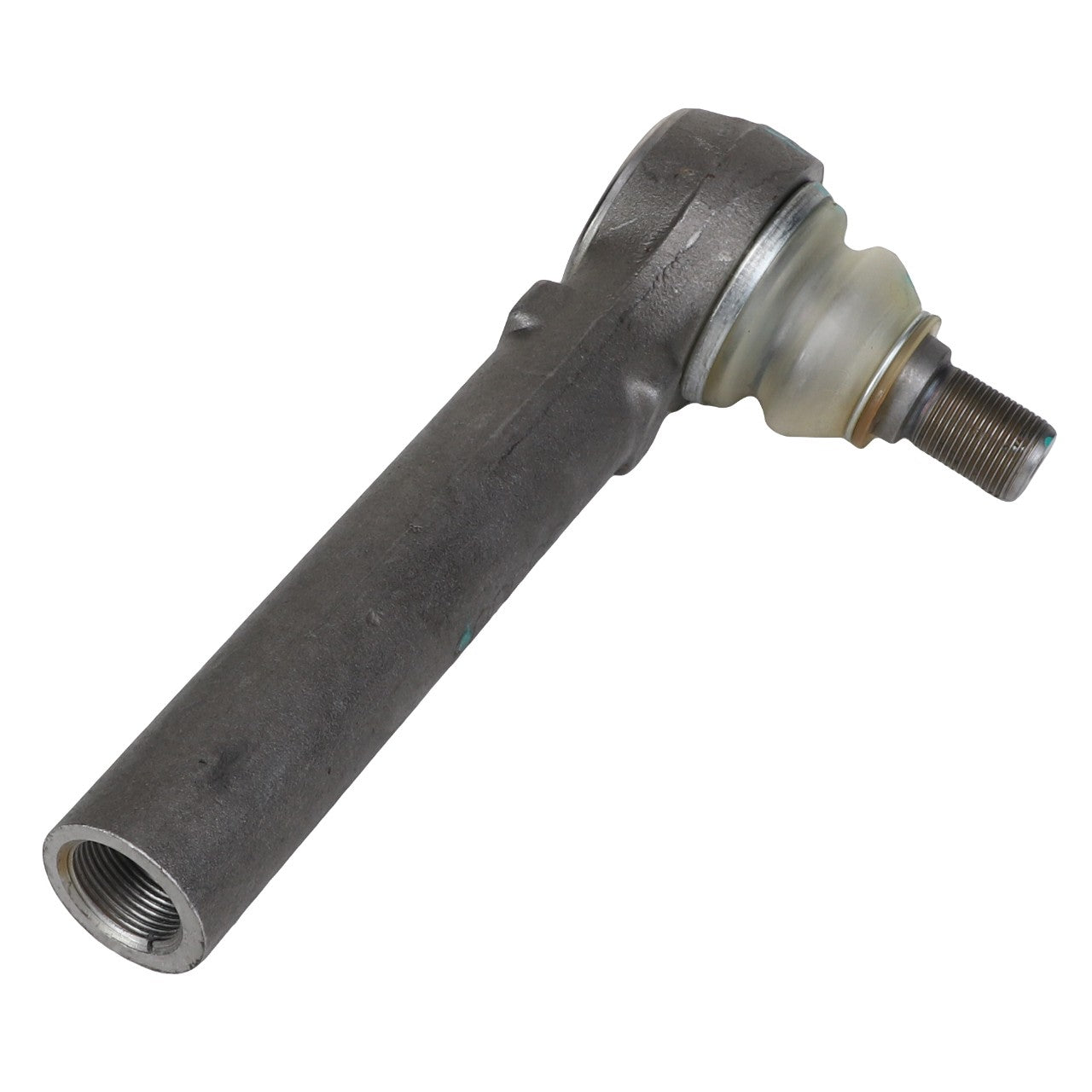 An AGCO | Arm, Tie Rod - Acp0436730, a black metal auto part with threaded connectors at each end, featuring a cylindrical shaft and ball joints, incorporates AGCO Genuine Tie Rods for enhanced durability.