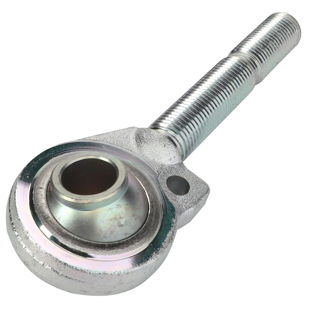 Close-up image of the AGCO | Ball End, Top Link - Acp0515760, featuring a metallic rod end bearing with a threaded shaft, ideal for hitch and linkage components. The spherical joint is housed in a circular casing with an attachment hole, commonly found in AGCO Parts Top Links.