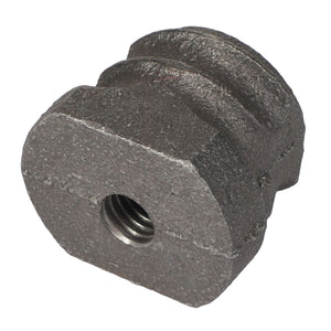 Close-up of an AGCO Spring Plug - Acp0025610, a gray metal component with a threaded hole, featuring a grooved surface and an irregular shape.