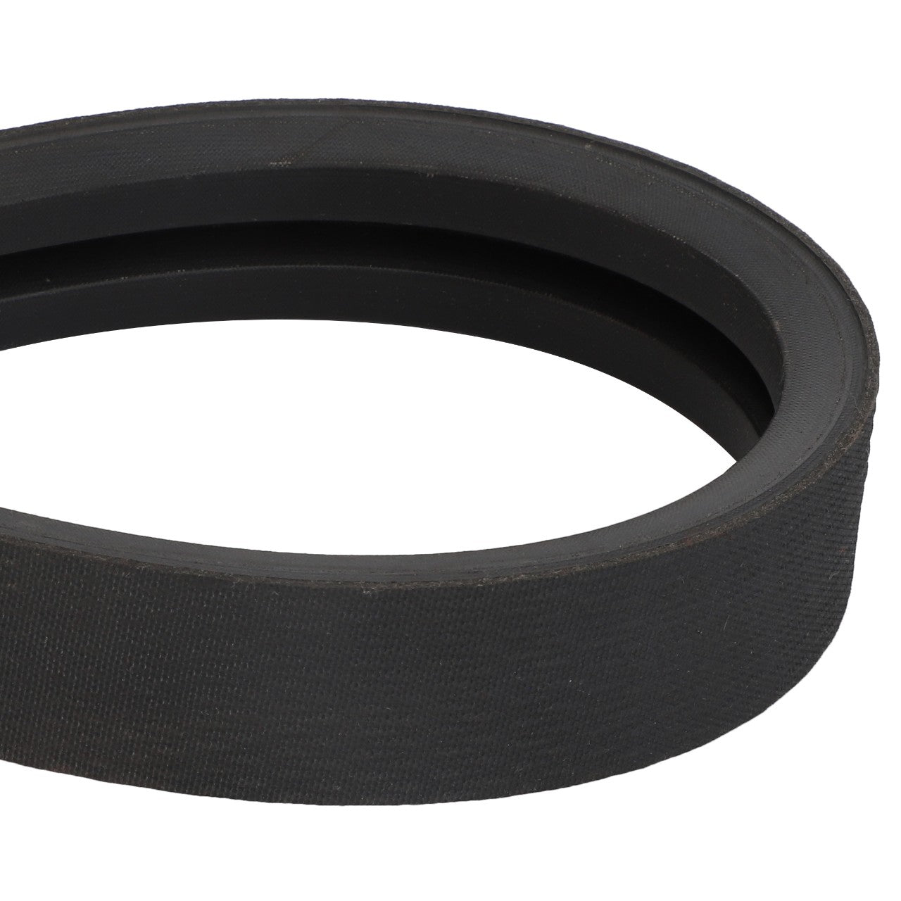 Close-up of the AGCO V Belt - D49030006, featuring a black rubber construction with a ridged inner surface and a smooth, flat outer surface. The belt is coiled in an oval shape, highlighting its robust design ideal for various mechanical applications.