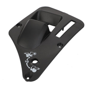 The AGCO Cladding - Acw0261230 is a black plastic scooter or motorcycle panel featuring white graphics that indicate two positions and includes holes for mounting. This panel is produced by AGCO.