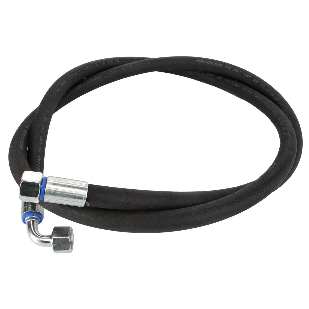 A coiled black AGCO hydraulic hose, model Acw2120500, featuring silver fittings at both ends, one of which is connected to a blue ring. No current product description information is available.