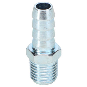 The AGCO | ADAPTER FITTING - AG559415 by AGCO is depicted in a close-up image, showcasing its silver metal hose barb fitting design with a tapered barb on one end and a threaded male connector on the other.