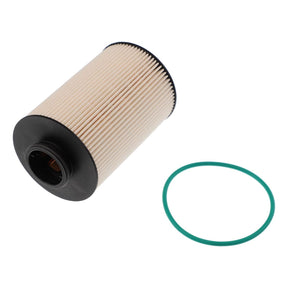 The AGCO Fuel Filter Element - F340200060180, a cylindrical, pleated air filter, is situated next to a round green rubber gasket. This filter, compatible with Fendt Vario machinery, features black end caps and is designed for both automotive and industrial applications.