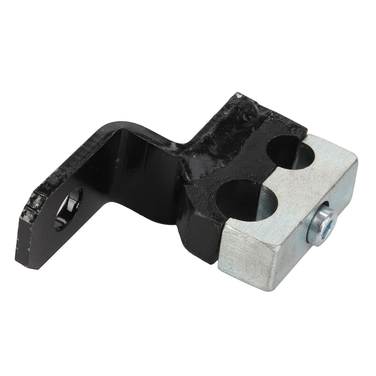 The AGCO Clamp - Acp0367900 is a black metal bracket featuring two cylindrical openings and a silver bolt attached at one end. No current product description available.