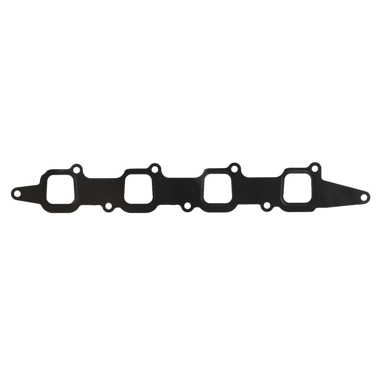 The AGCO Gasket - Acp0676270 is a black metal exhaust manifold gasket featuring four rectangular ports and multiple bolt holes. No current product description is available for this item from AGCO.