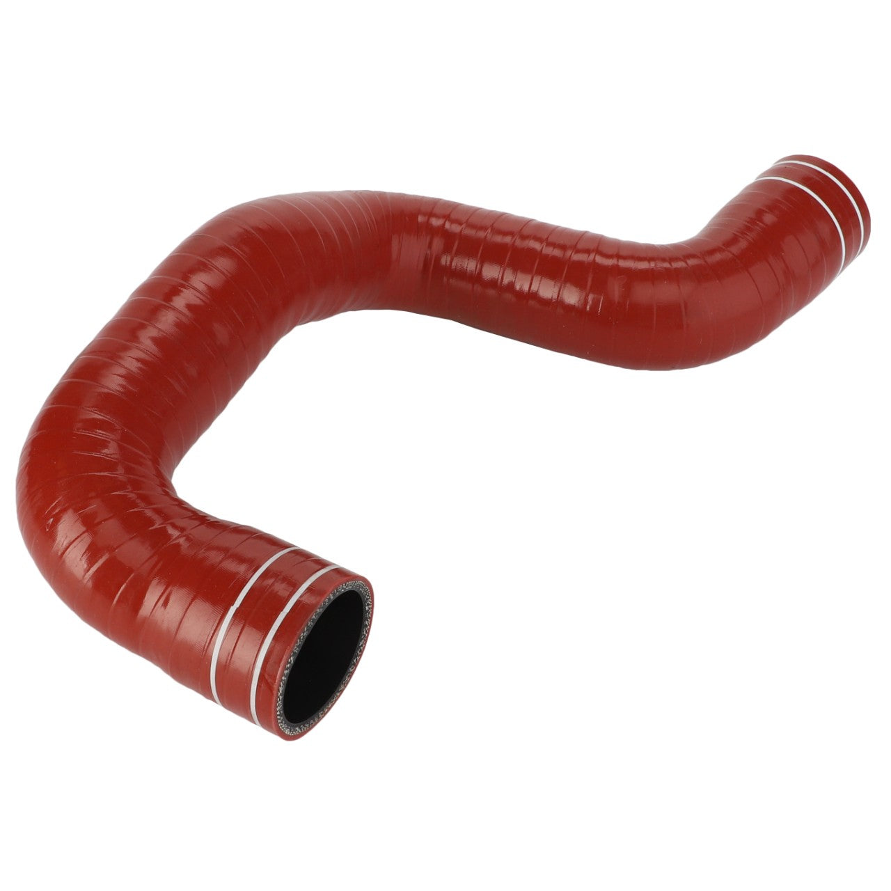 AGCO Hose - Acw0254520 by AGCO, a red, flexible, ribbed hose featuring an S-shaped curve and open ends, displayed against a white background. Current product description unavailable.