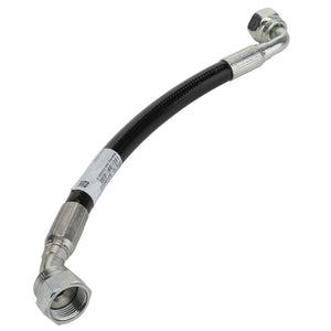 The AGCO Air Compressor Hose - Acw1153390, a curved black hydraulic hose, features metal fittings at both ends—one straight and the other angled. Additional product description information is not currently available.