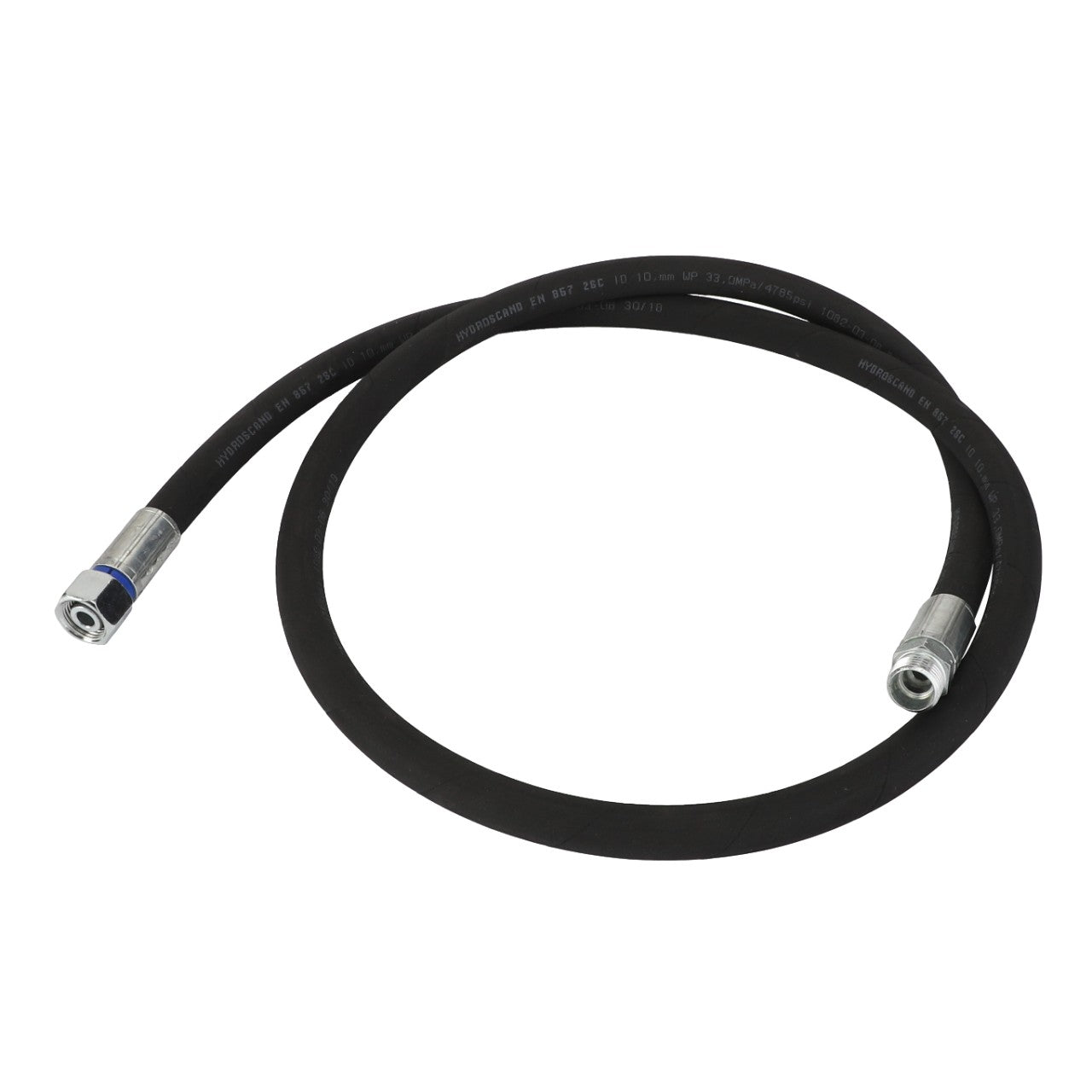 The AGCO | Hydraulic Hose - Acw3661430 is a versatile black hydraulic hose with metal fittings on both ends, gracefully bent into a curved shape against a pristine white background.