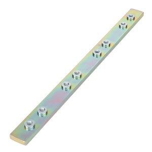 A long AGCO metal bar with six threaded holes evenly spaced along its length, compatible with various Massey Ferguson models, Product Name: Bar - 71386922.