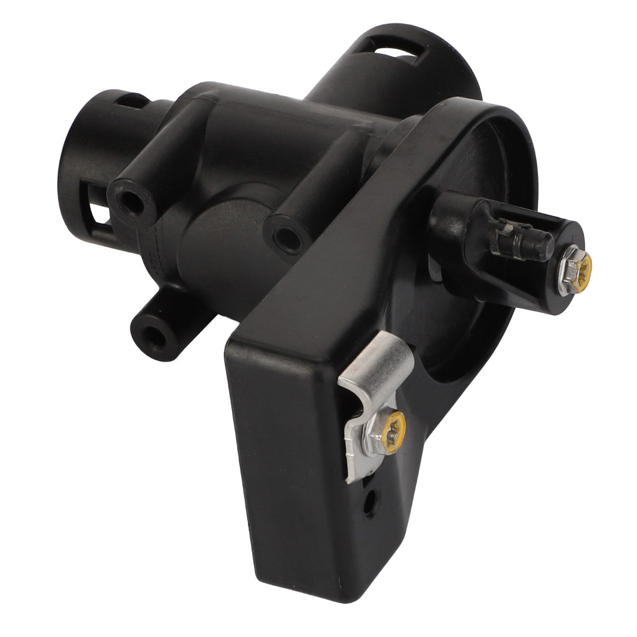 The AGCO Water Valve - Acw021423A is a black plastic and metal mechanical component featuring a cylindrical body, a mounting bracket, and visible screws. No additional product description information is available.