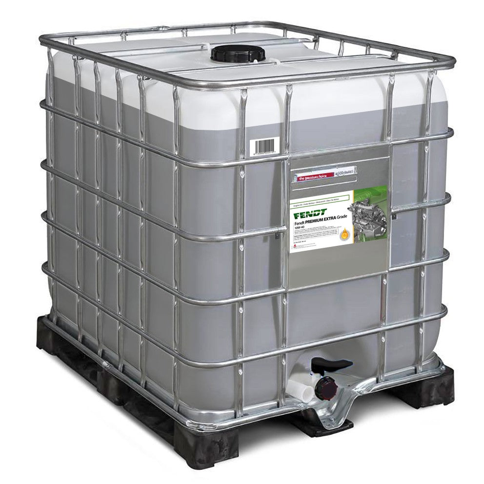 Image of a large IBC (Intermediate Bulk Container) with a metal frame, containing liquid and a label indicating AGCO | Fendt Premium Extra Grade 10W-40 1000L - Fx991500449 lubricant.