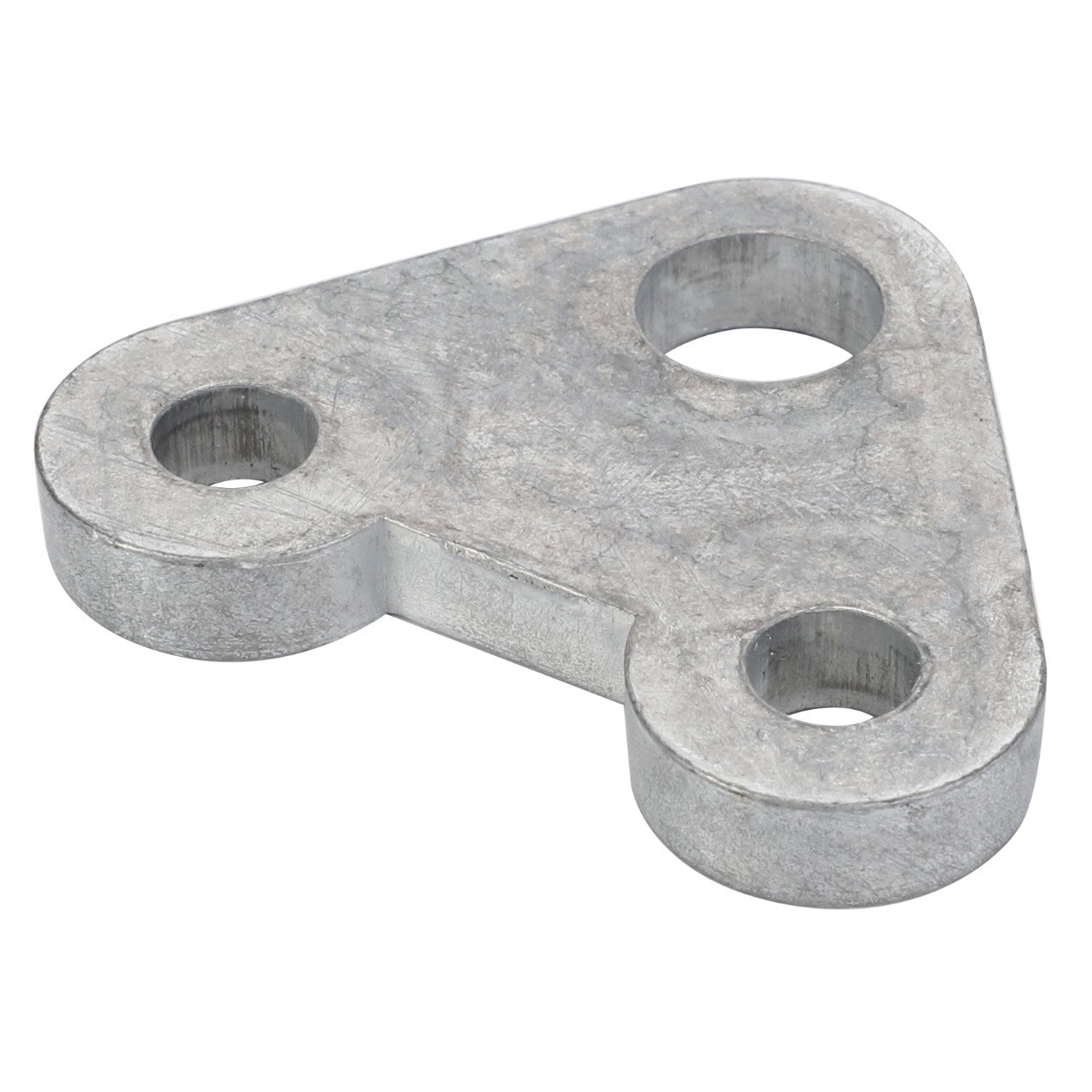 The AGCO Spacer Plate - F178500031420, a triangular metal plate featuring three holes—two of identical size and one smaller—sits isolated on a pristine white background.