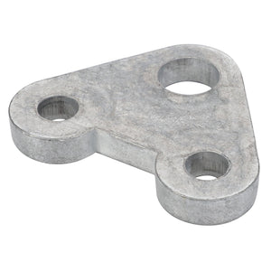 The AGCO Spacer Plate - F178500031420, a triangular metal plate featuring three holes—two of identical size and one smaller—sits isolated on a pristine white background.