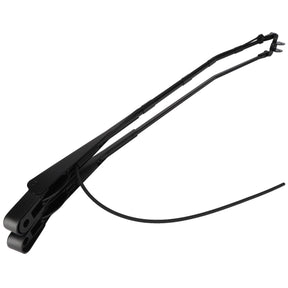Two AGCO | Wiper Arm - Acw1604960 items are shown in black, with one featuring a flexible wiper blade. The expertly crafted metal arms fit seamlessly onto a vehicle's wiper assembly, ensuring optimal performance and durability under the trusted AGCO brand name.