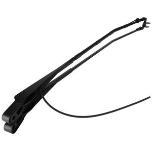 Two AGCO | Wiper Arm - Acw1604960 items are shown in black, with one featuring a flexible wiper blade. The expertly crafted metal arms fit seamlessly onto a vehicle's wiper assembly, ensuring optimal performance and durability under the trusted AGCO brand name.