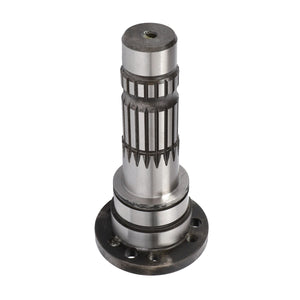 The AGCO | Shaft - 3799694M3, manufactured by AGCO, is a metal machined shaft featuring gear-like ridges and a flange base. It is ideally suited for mechanical and industrial applications and ensures reliable power transmission in Massey Ferguson models.