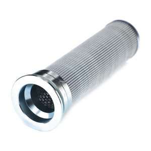 The AGCO Hydraulic Filter Cartridge - 3716334M1 is a cylindrical metal hydraulic filter with a mesh surface and ridged design, featuring a wide opening at one end to help reduce maintenance costs and increase equipment service life.