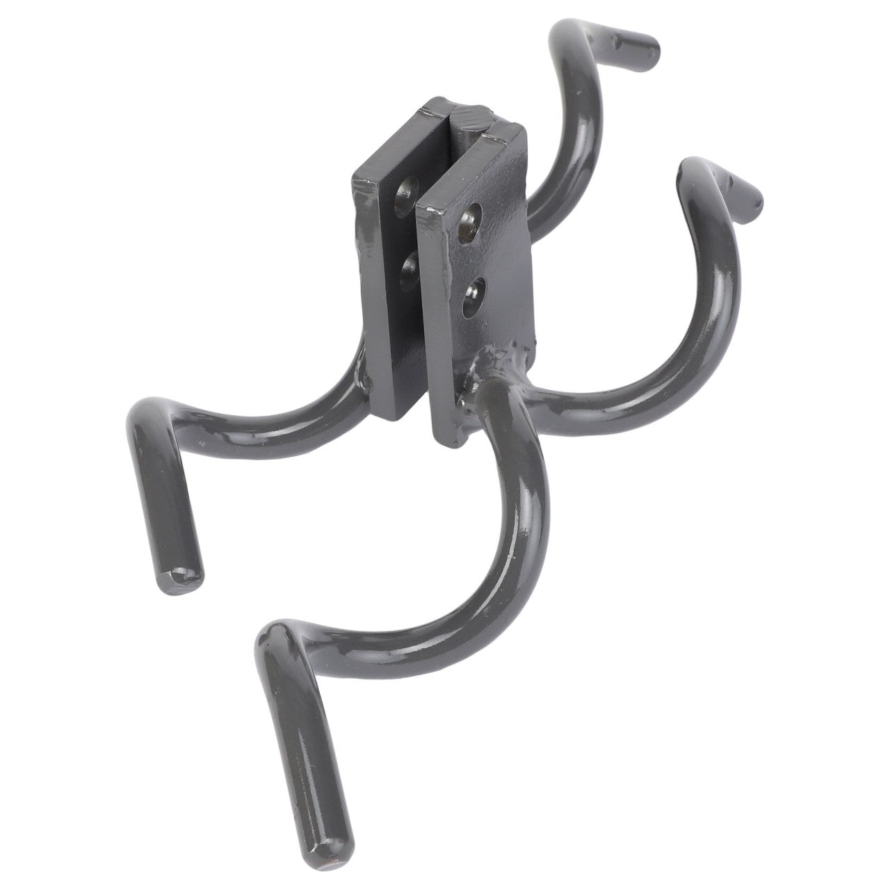 The AGCO | Hose Holder - Acw3496120 is a four-pronged black metal tool featuring a central mounting bracket, designed primarily for attaching to machinery or equipment. No current product description information is available.