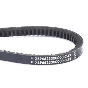 Close-up of a black, ribbed AGCO V-Belt - X696623300000 with white numerical markings and codes printed along its side, designed for optimal performance in Fendt Models.