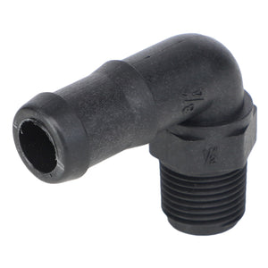 The current product description reads: A black plastic elbow pipe fitting with a threaded end and a smooth end, used for connecting pipes at a 90-degree angle. The product is the AGCO | Elbow Fitting - Ag051140 from the brand AGCO.