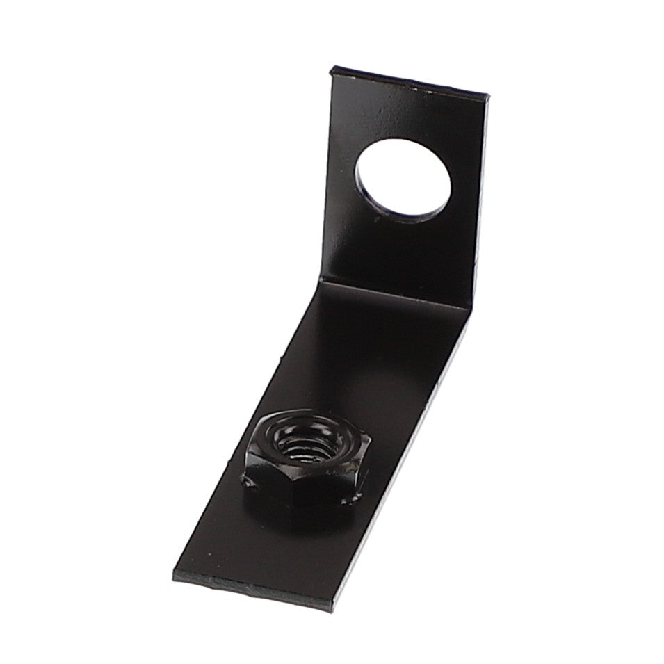 The AGCO Support - 4287378M1 is a black metal L-bracket featuring a large circular hole at the top and a hex nut welded at the bottom corner, suitable for various Valtra Models.