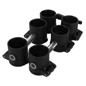 Six black AGCO plastic pipe connectors | Cap - Acp0394470 are neatly arranged in two rows, all securely fastened by a sturdy metal bar.